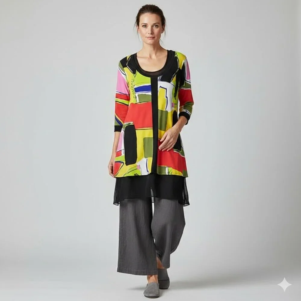 Eva Varro Tunic Top Abstract Print Colorful Art-to-Wear Slinky Lagenlook size M